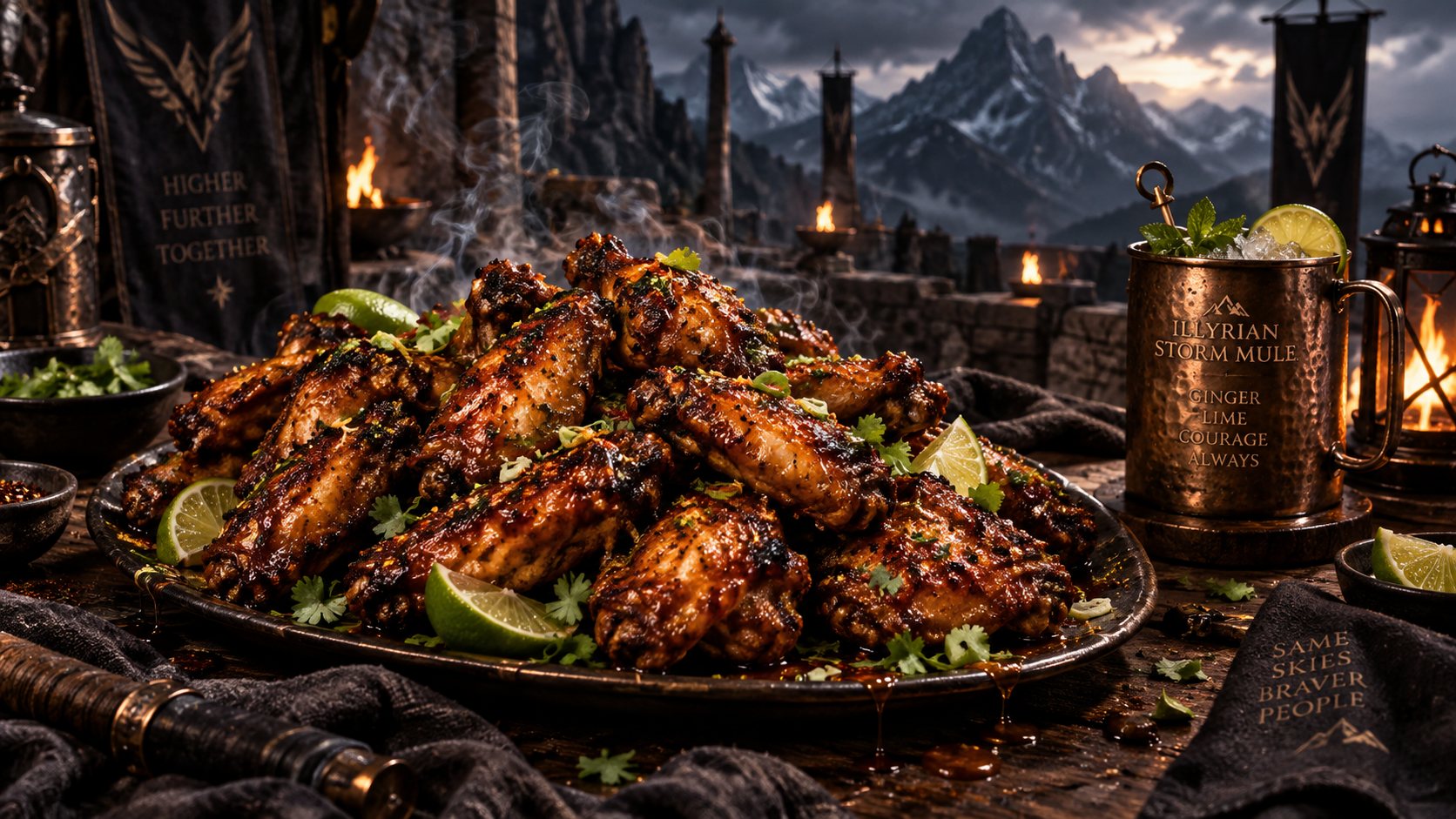 A heaped platter of glazed smoked chicken wings with lime wedges and coriander, beside a copper mug, with banners and mountains behind