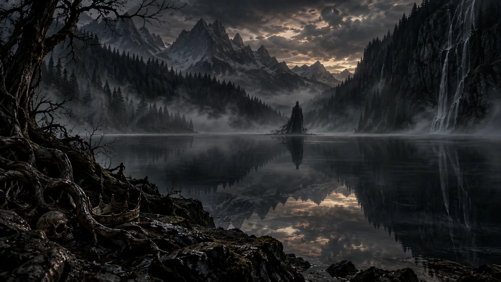 A dark still mountain lake at dusk, the prison of Koschei the Deathless