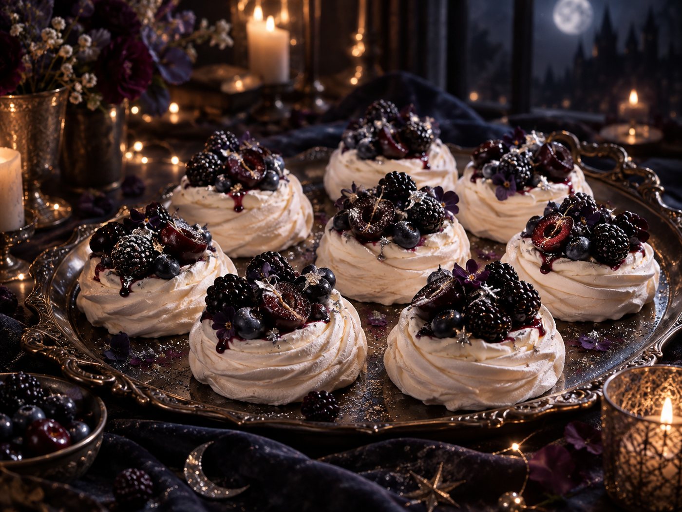 Eight mini pavlova nests topped with dark berries on a silver tray