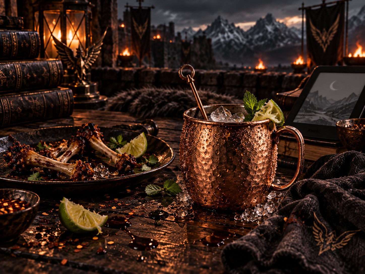 A copper mug beside an empty platter of picked wing bones, lime wedges, books and an e-reader