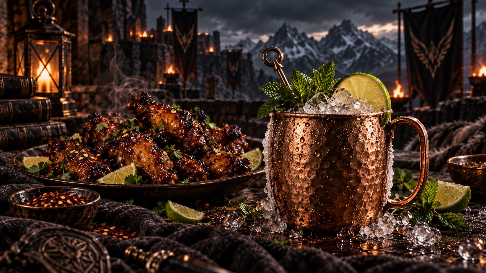 A copper mug of Moscow mule beside a platter of glazed smoked chicken wings and lime wedges, with candles and mountains behind.
