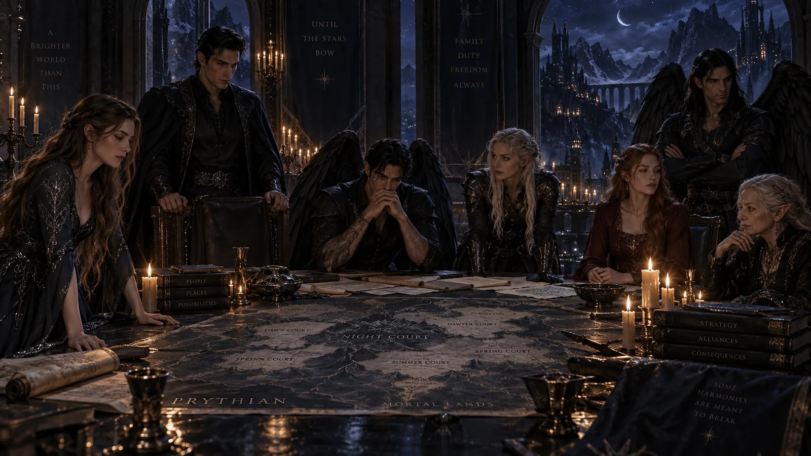 The Night Court inner circle around a war table, divided and tense