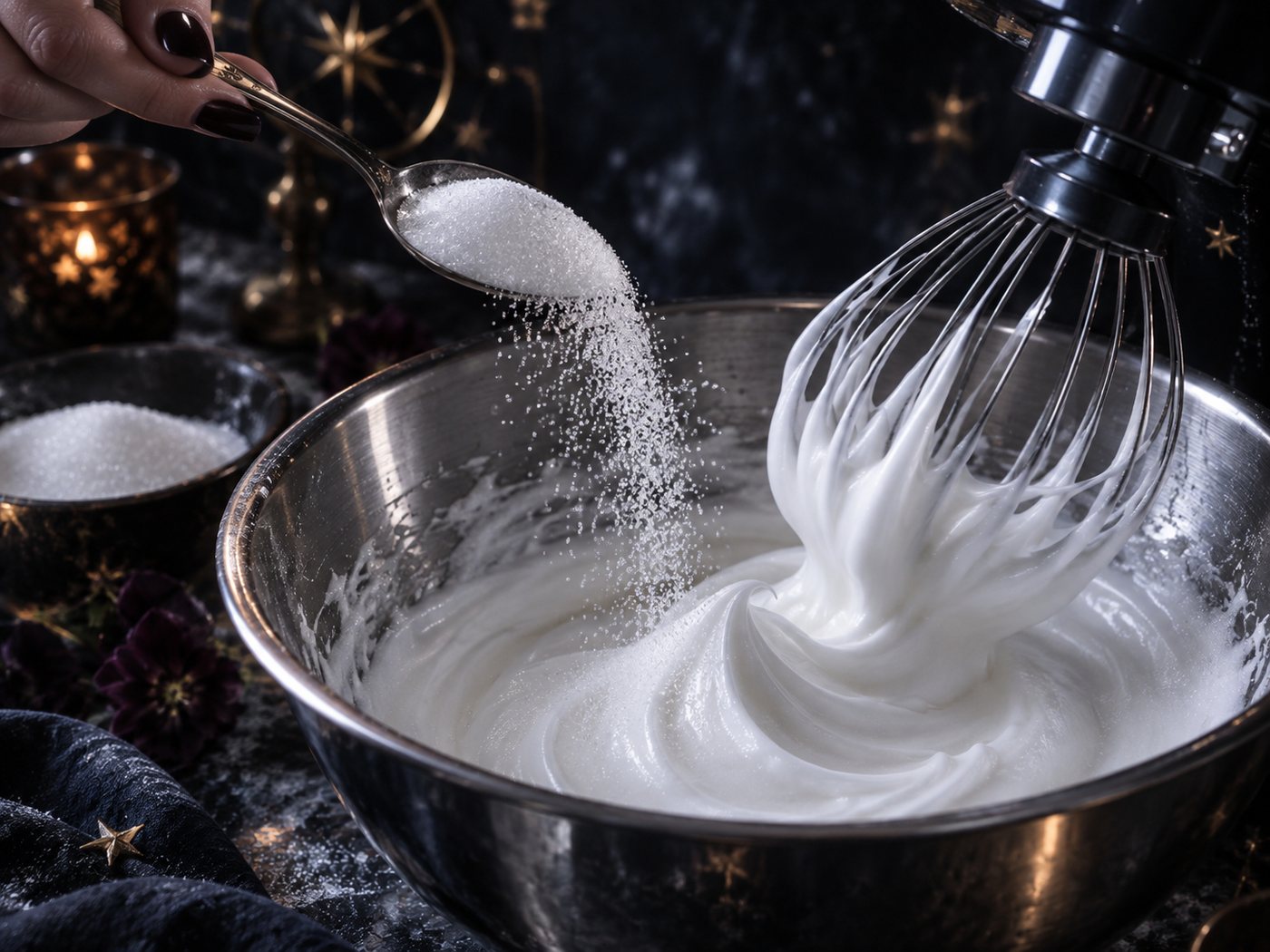 A spoonful of caster sugar being poured into whipping egg whites in a mixer bowl