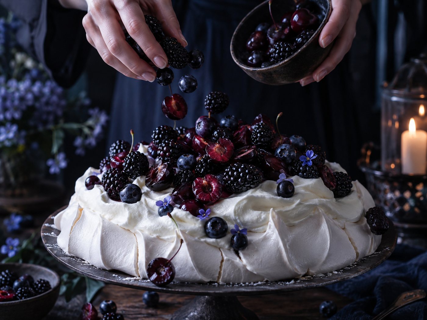 Hands scattering blackberries, blueberries and halved dark cherries over a cream-topped pavlova