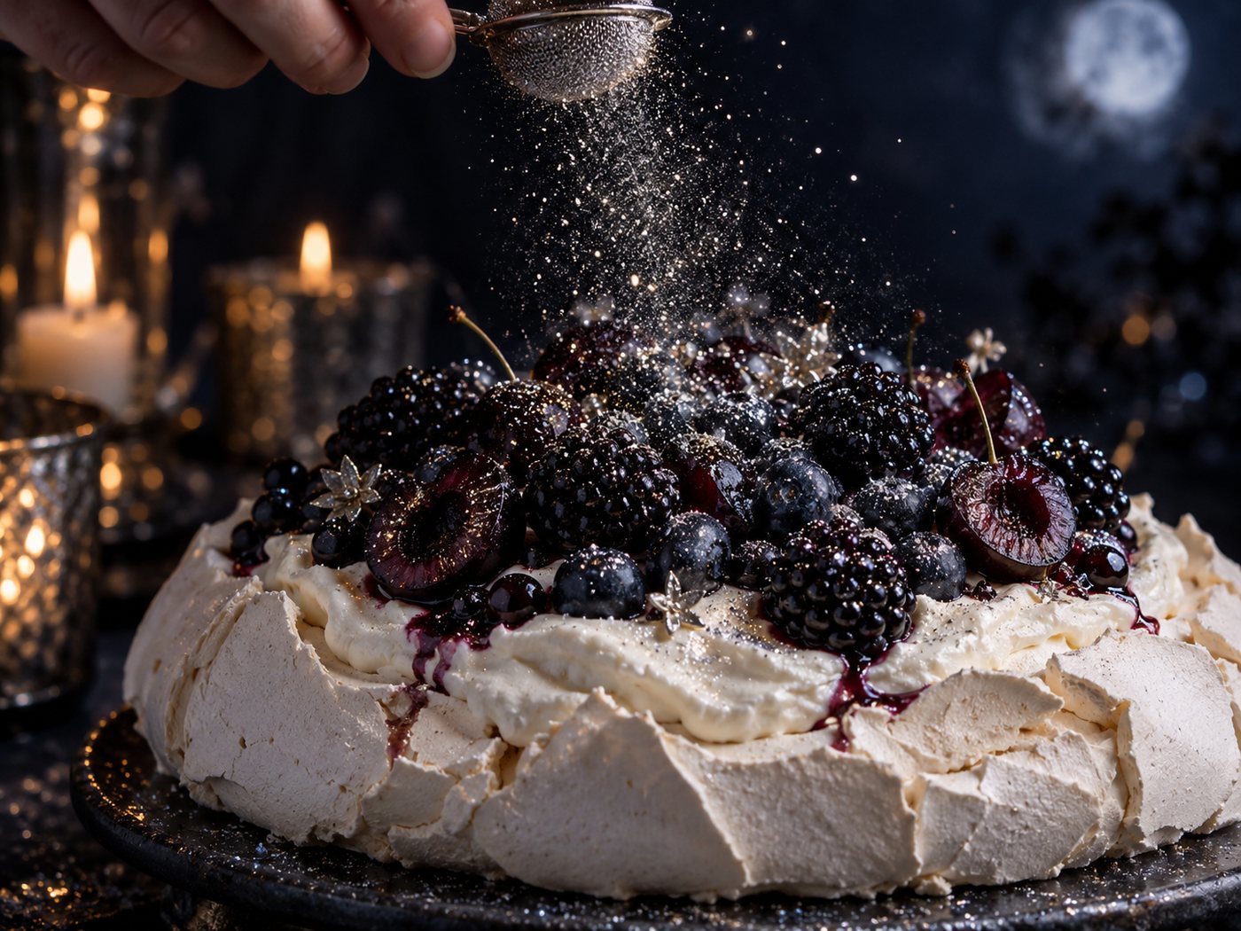 Edible silver dust being sifted from a height over a pavlova covered in dark berries