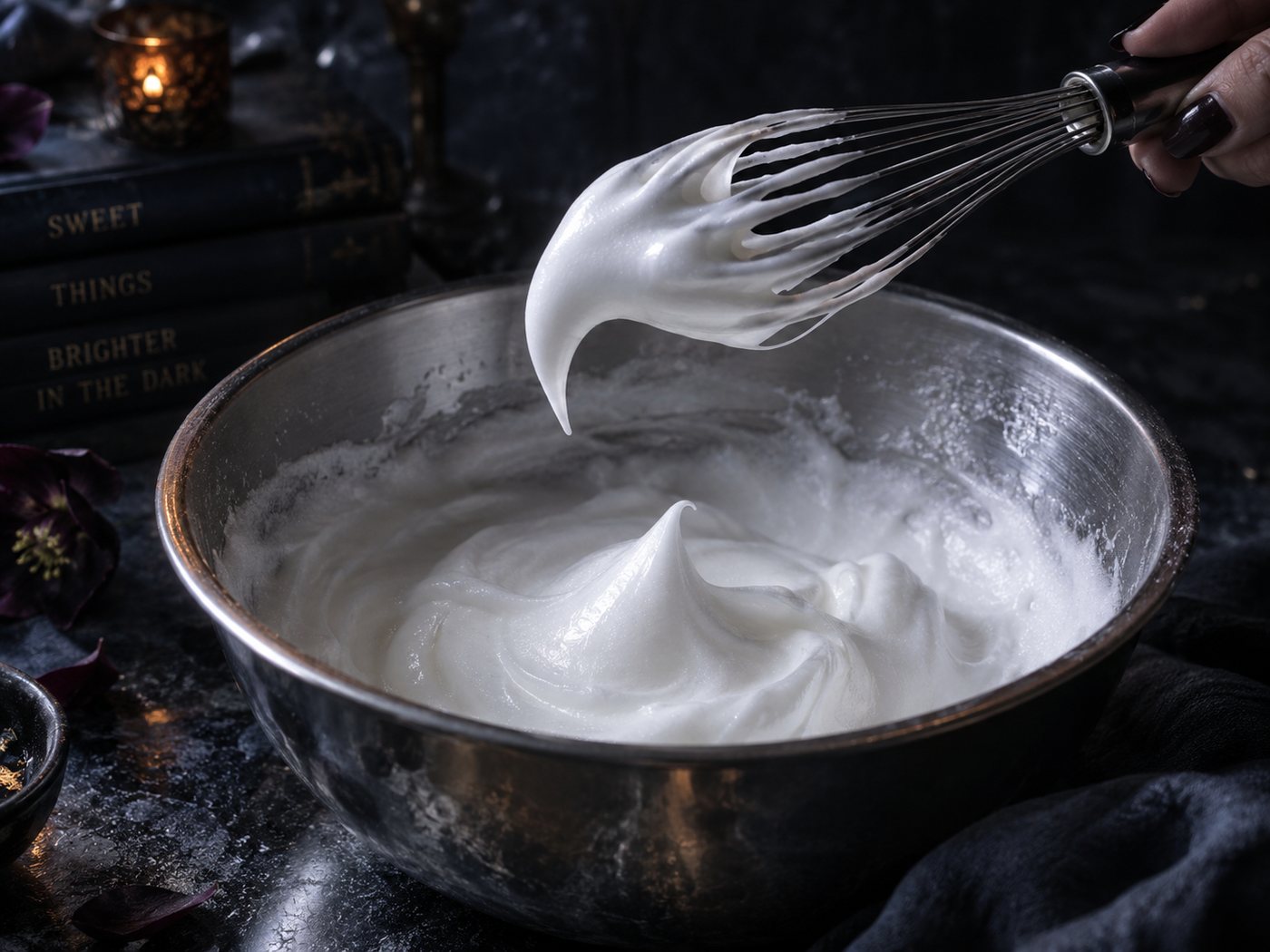 Whipped egg white holding a soft peak that curls over on the end of a whisk above a metal bowl