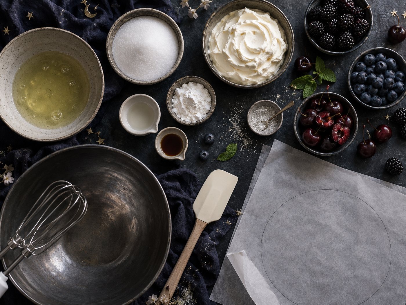 Pavlova ingredients from above: egg whites, caster sugar, cornflour, vinegar, cream, blackberries, blueberries and dark cherries beside baking paper