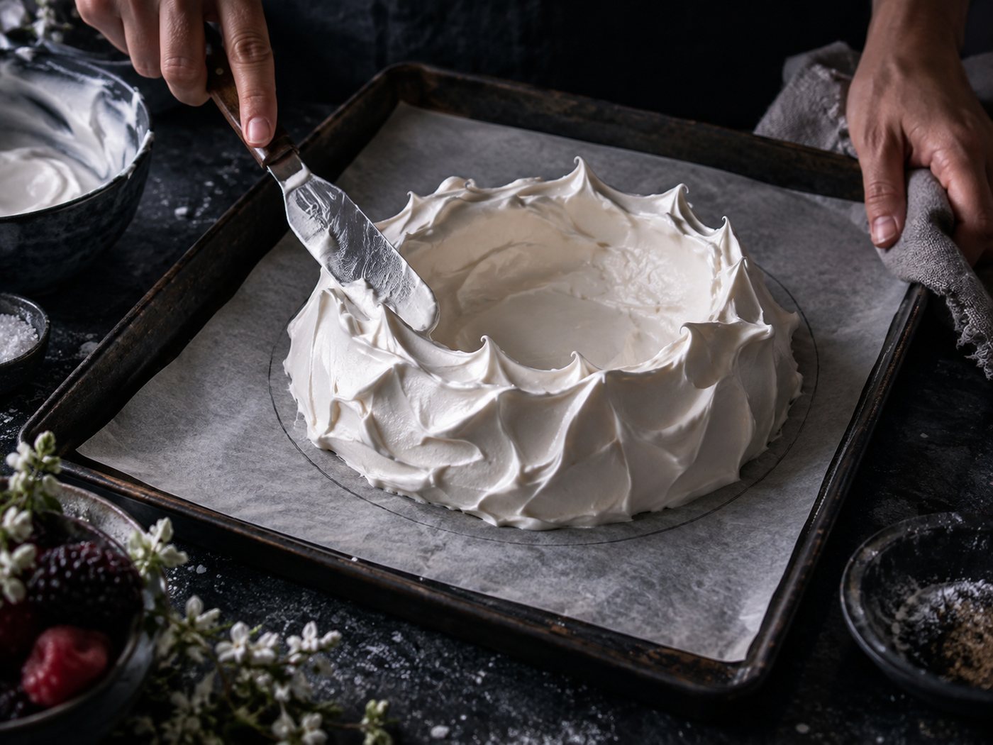 Meringue being shaped into a tall round with a dip in the middle on baking paper using a palette knife