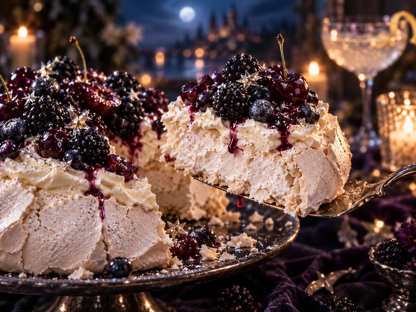 A slice of pavlova being lifted out, showing the crisp outer shell and soft marshmallow centre