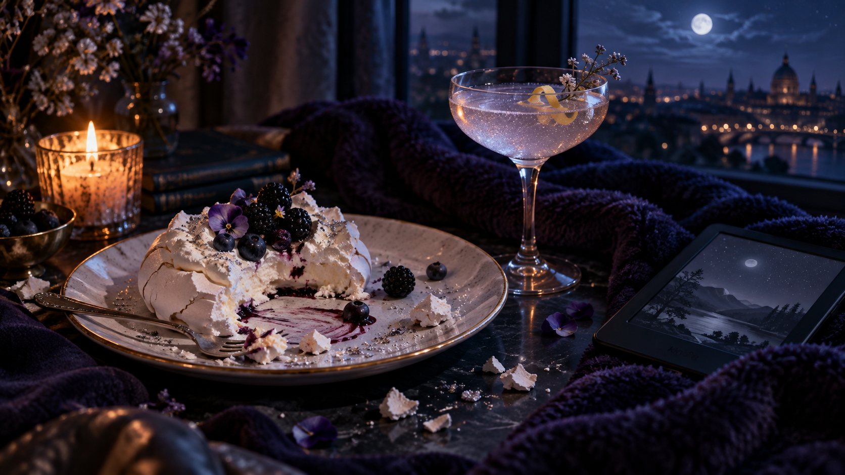 A single slice of pavlova on a plate beside a pale cocktail in a coupe glass
