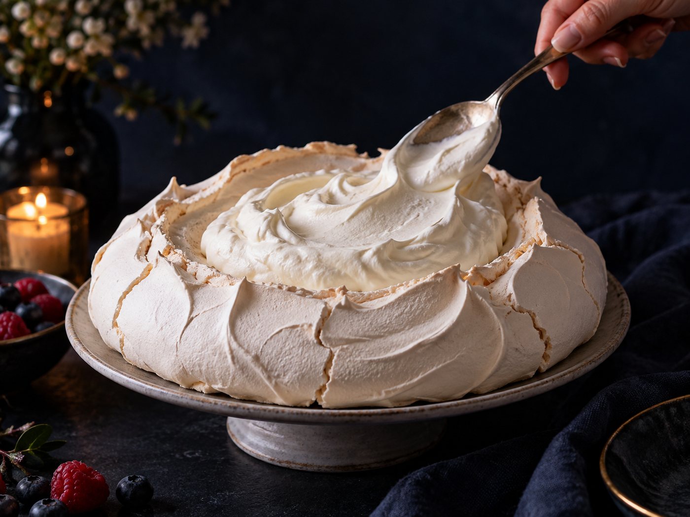 Whipped cream being spooned into the centre of a baked pavlova shell on a cake stand