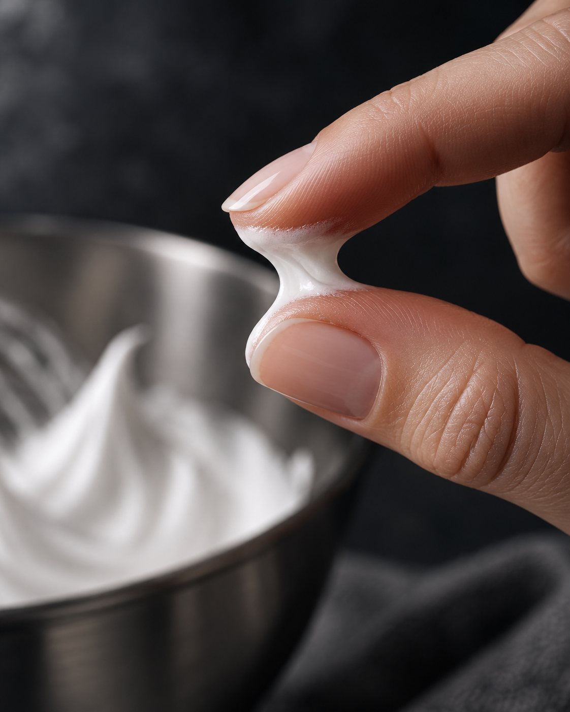 A little glossy meringue being rubbed between finger and thumb to check the sugar has dissolved