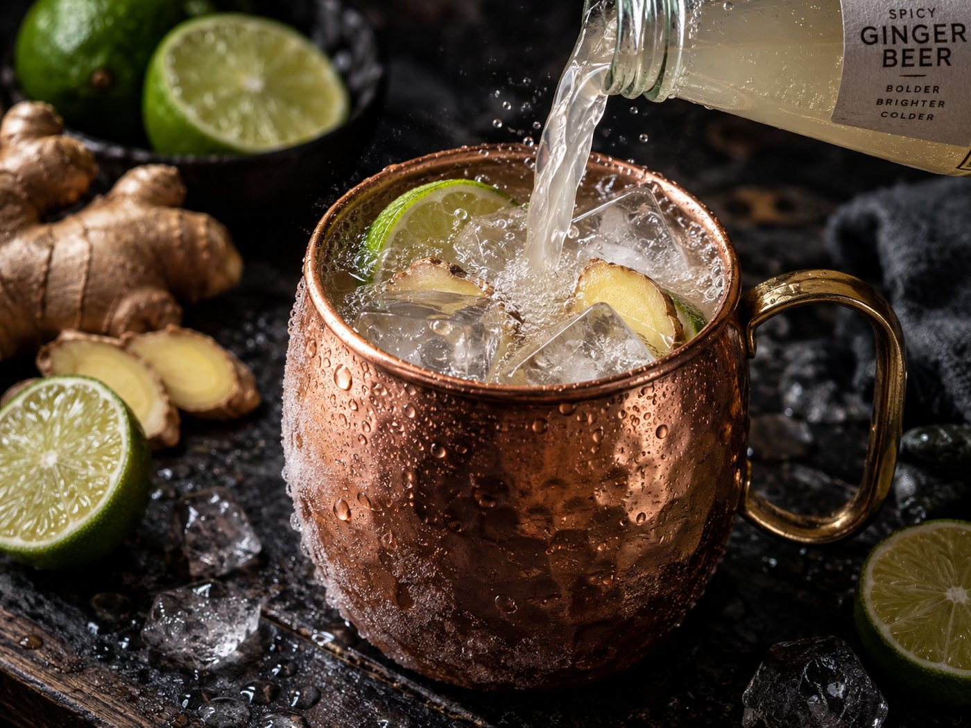Spicy ginger beer being poured from a bottle into a copper mug packed with ice and ginger slices