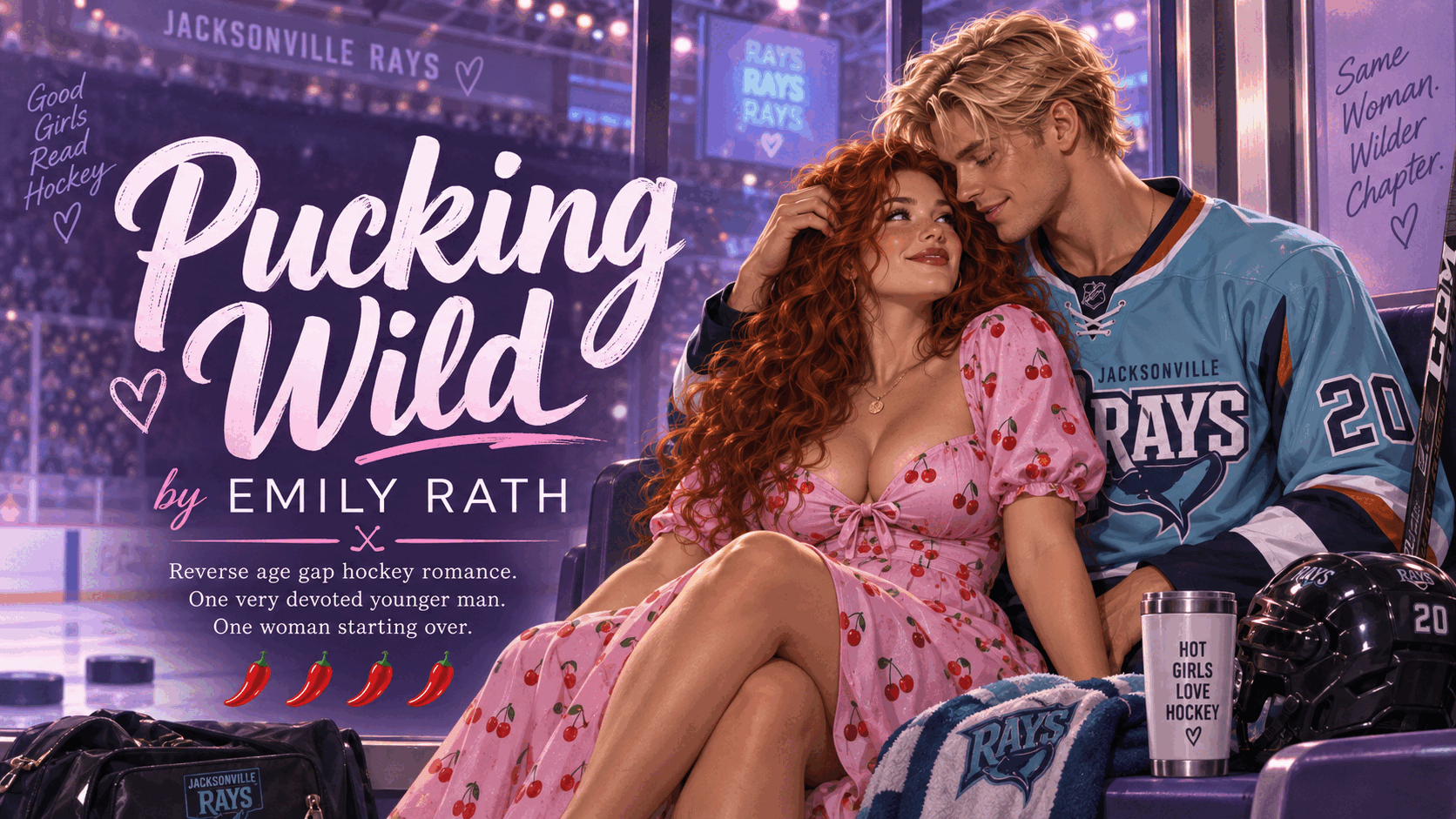 Pucking Wild by Emily Rath, a reverse age gap hockey romance. Tess and Ryan together in the Jacksonville Rays stands, spice level four chillies.