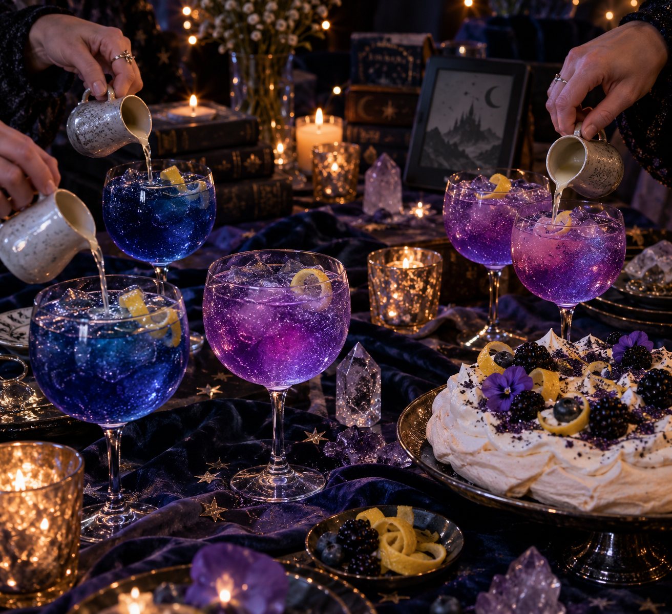 Hands pouring lemon juice into several blue and violet cocktails around a candlelit table