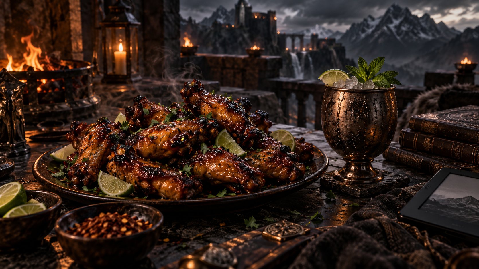 A platter of glazed smoked wings beside a copper mug of mule and an e-reader, candles and mountains behind