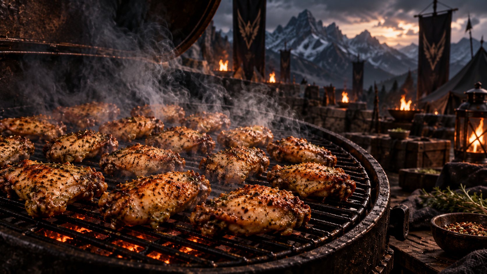 Chicken wings in a single layer on a smoker grate with smoke rising around them