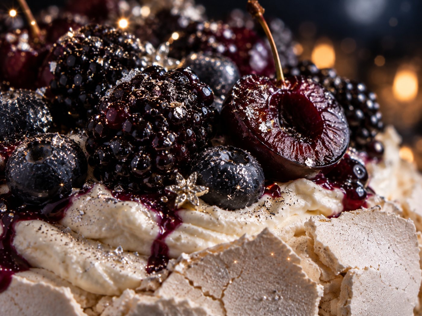 Close-up of blackberries, blueberries and a halved dark cherry on whipped cream, flecked with edible silver