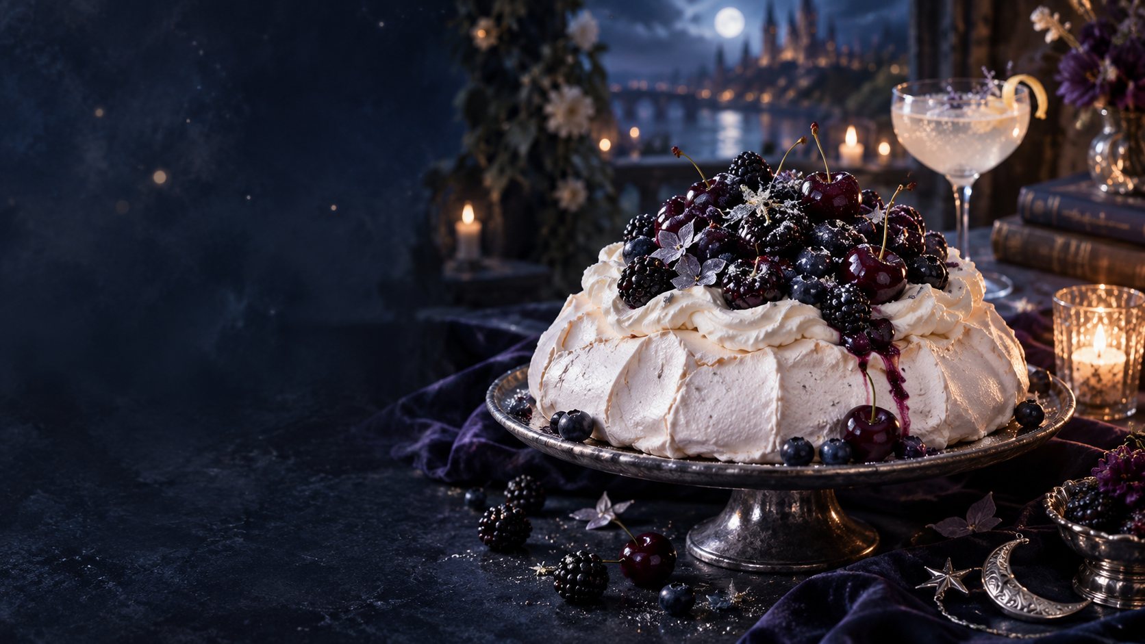 A Starlight Pavlova topped with blackberries, blueberries and dark cherries on a silver stand, with a moonlit city skyline behind it