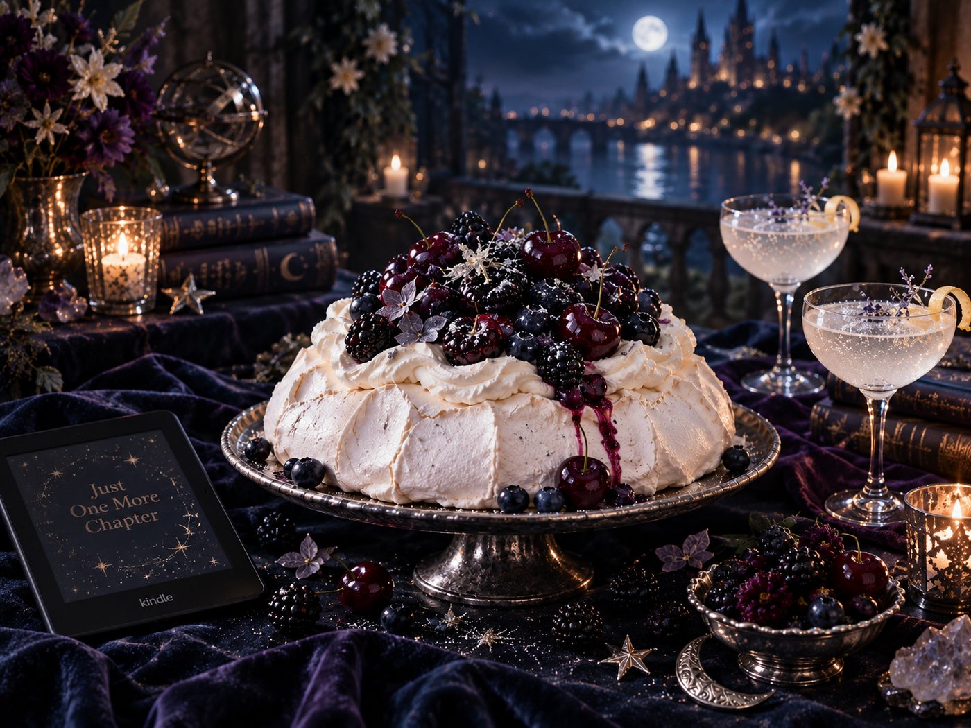 A pavlova on a table with two coupe glasses, candles and an e-reader, a moonlit city behind
