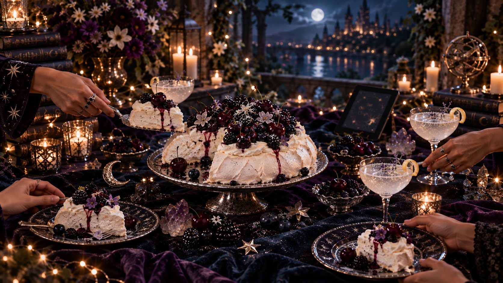 Several hands serving slices of pavlova onto plates at a candlelit table with cocktails
