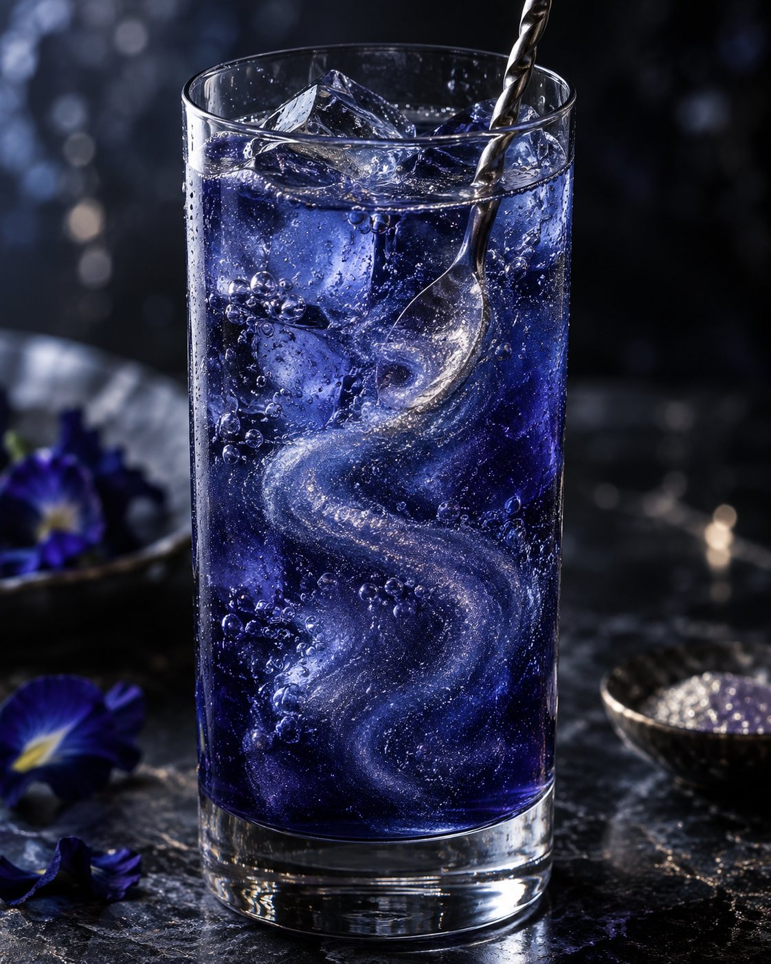 A bar spoon stirring edible shimmer through a tall indigo cocktail so it drifts in suspension