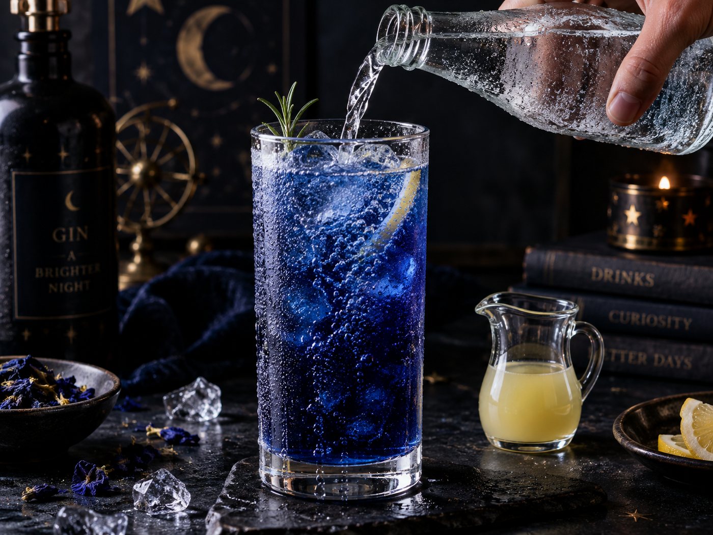 Chilled soda water being poured down the inside of a tall glass of blue gin fizz