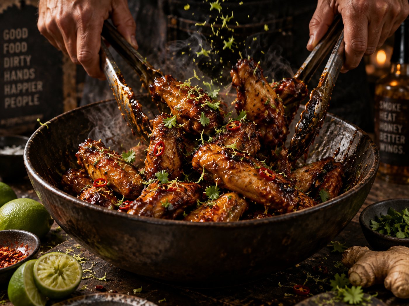 Hands tossing glazed chicken wings in a large bowl with tongs, herbs scattering over the top