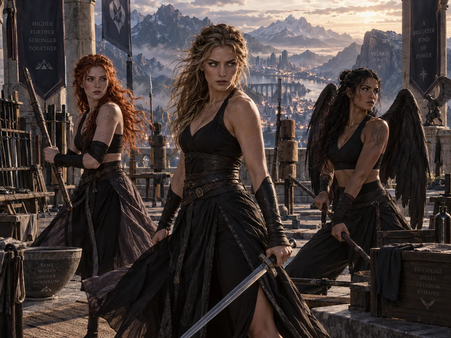 Three Valkyries training on the roof of the House of Wind