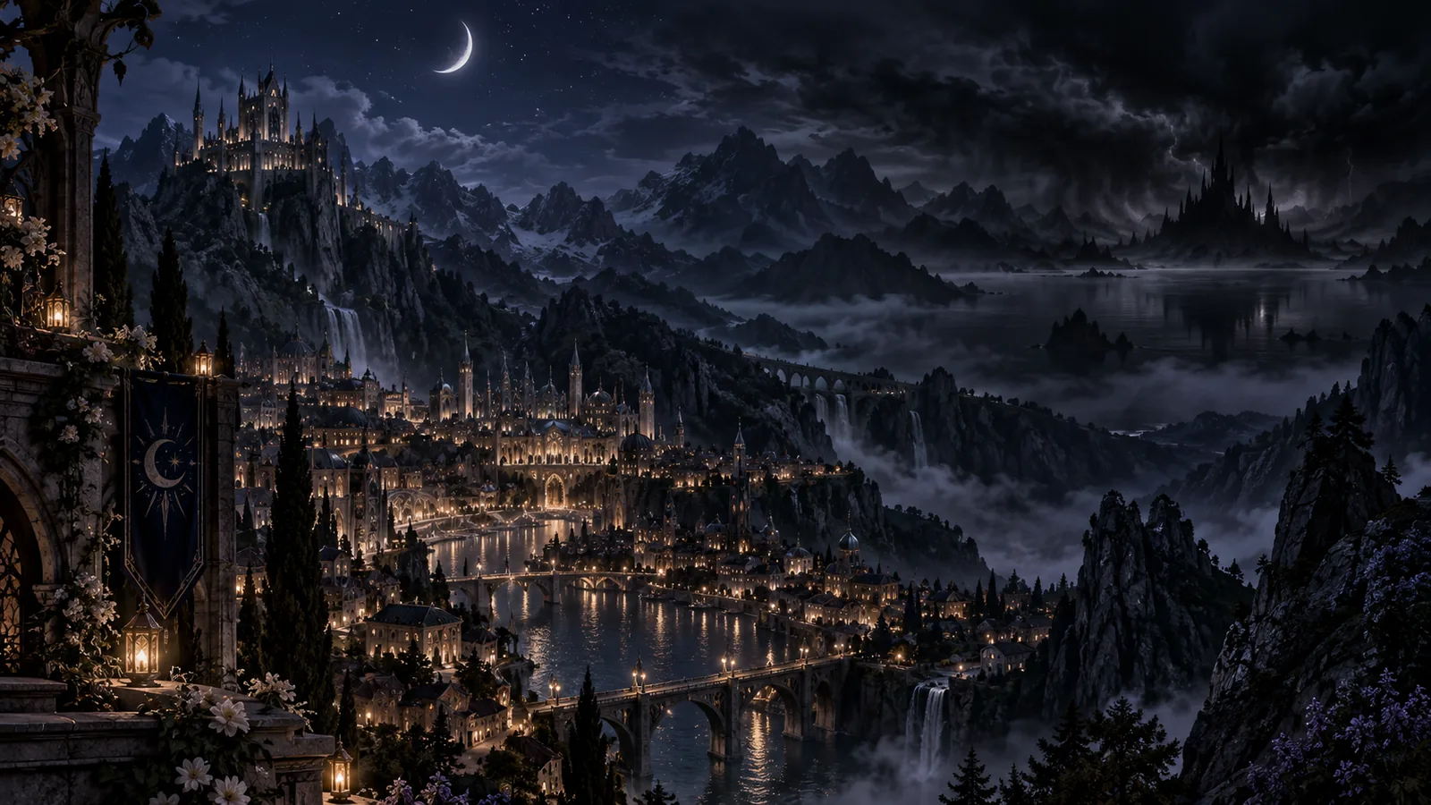 Velaris glowing at night beneath a crescent moon, unaware of what is coming