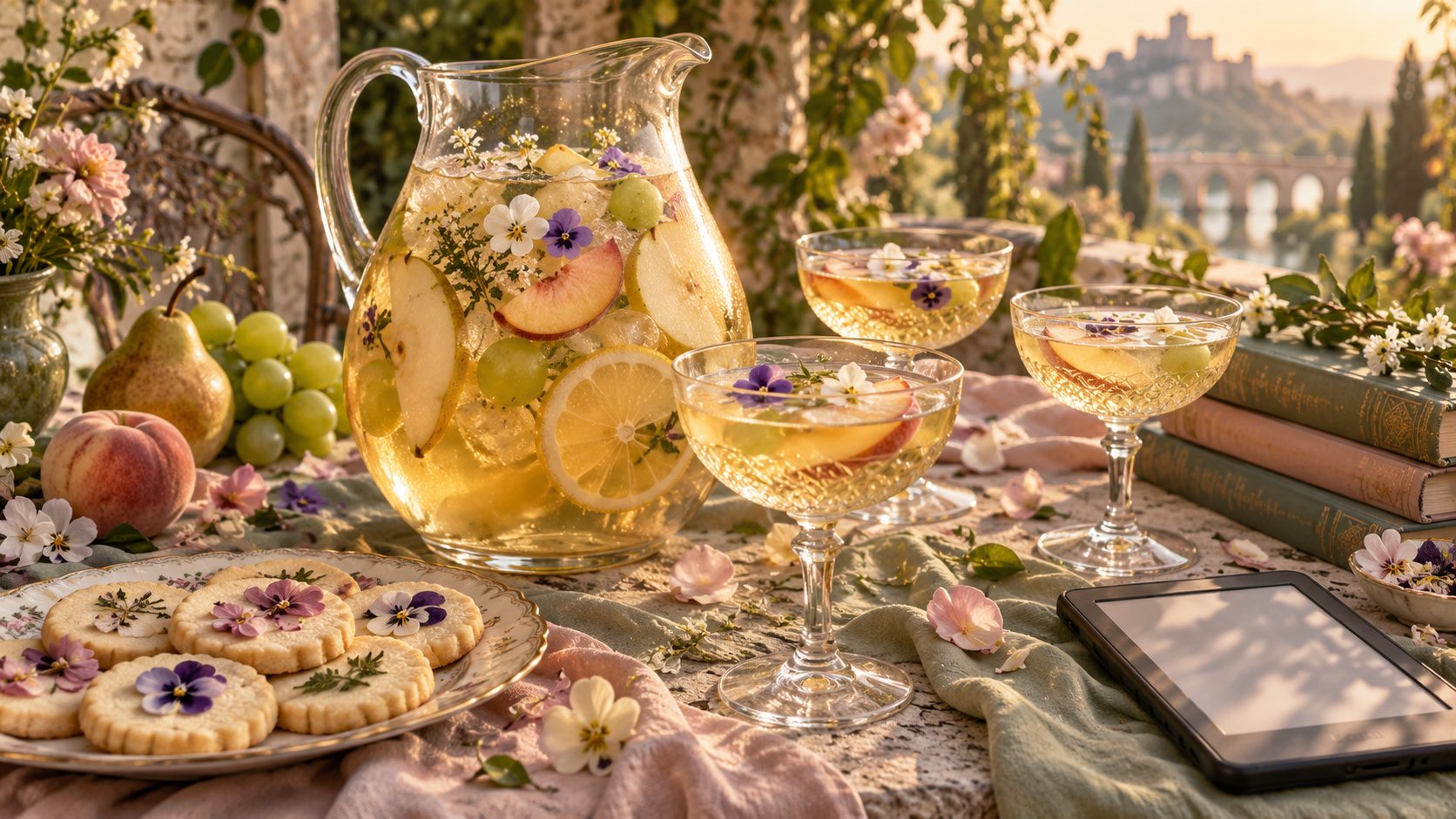A jug of white sangria with three filled glasses and a platter of pressed flower shortbread on a sunny garden table.