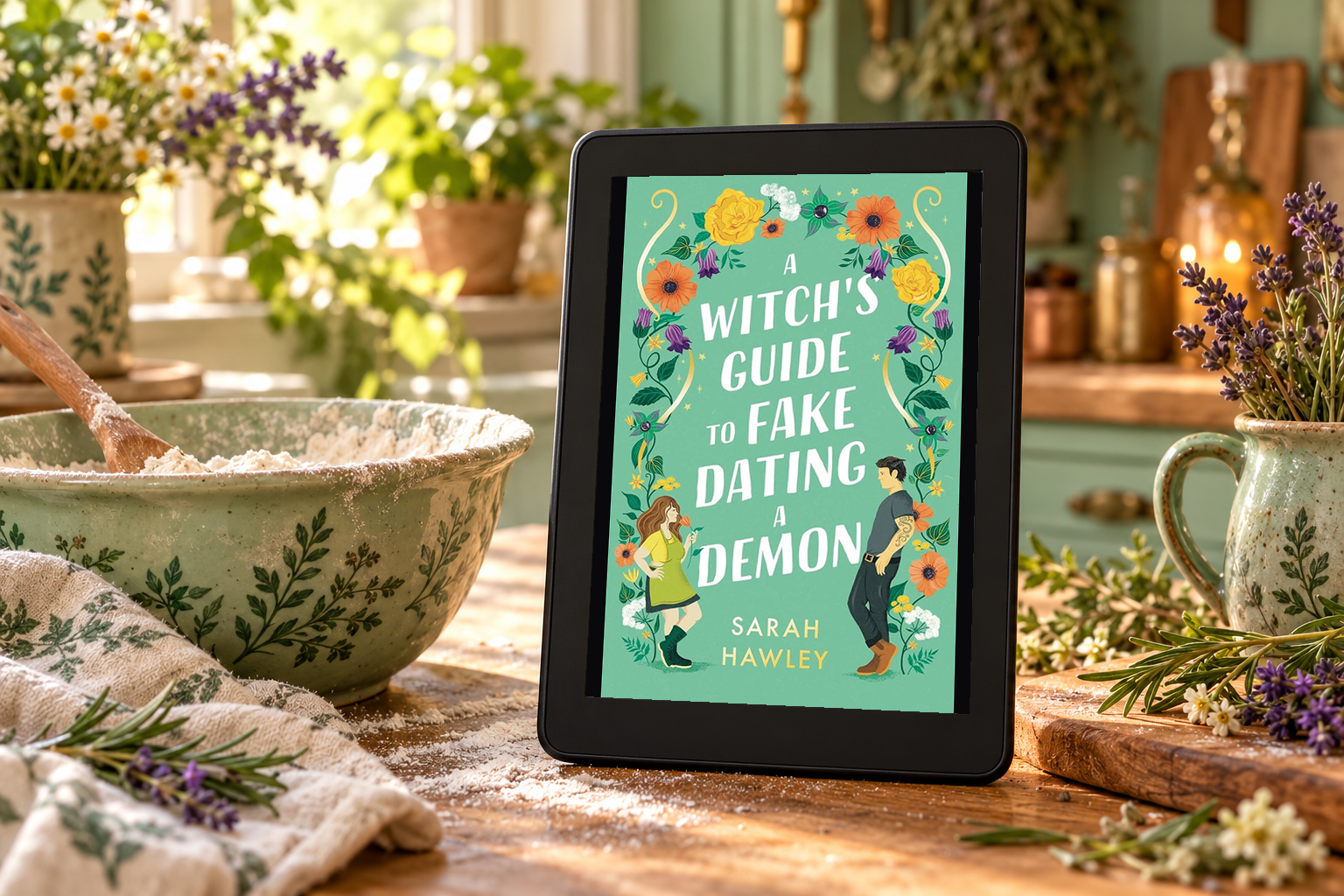 A Witch's Guide to Fake Dating a Demon on a Kindle beside a flour bowl and herbs in a sunny kitchen.