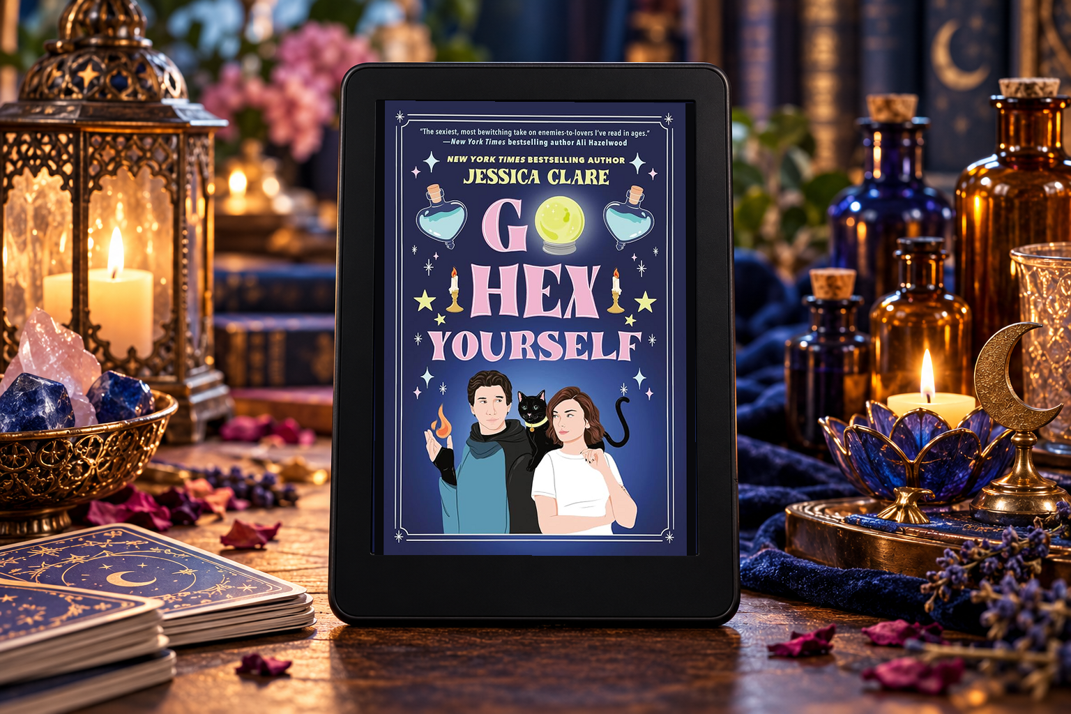 Go Hex Yourself on a Kindle among potion bottles and candlelight in a blue and gold study.