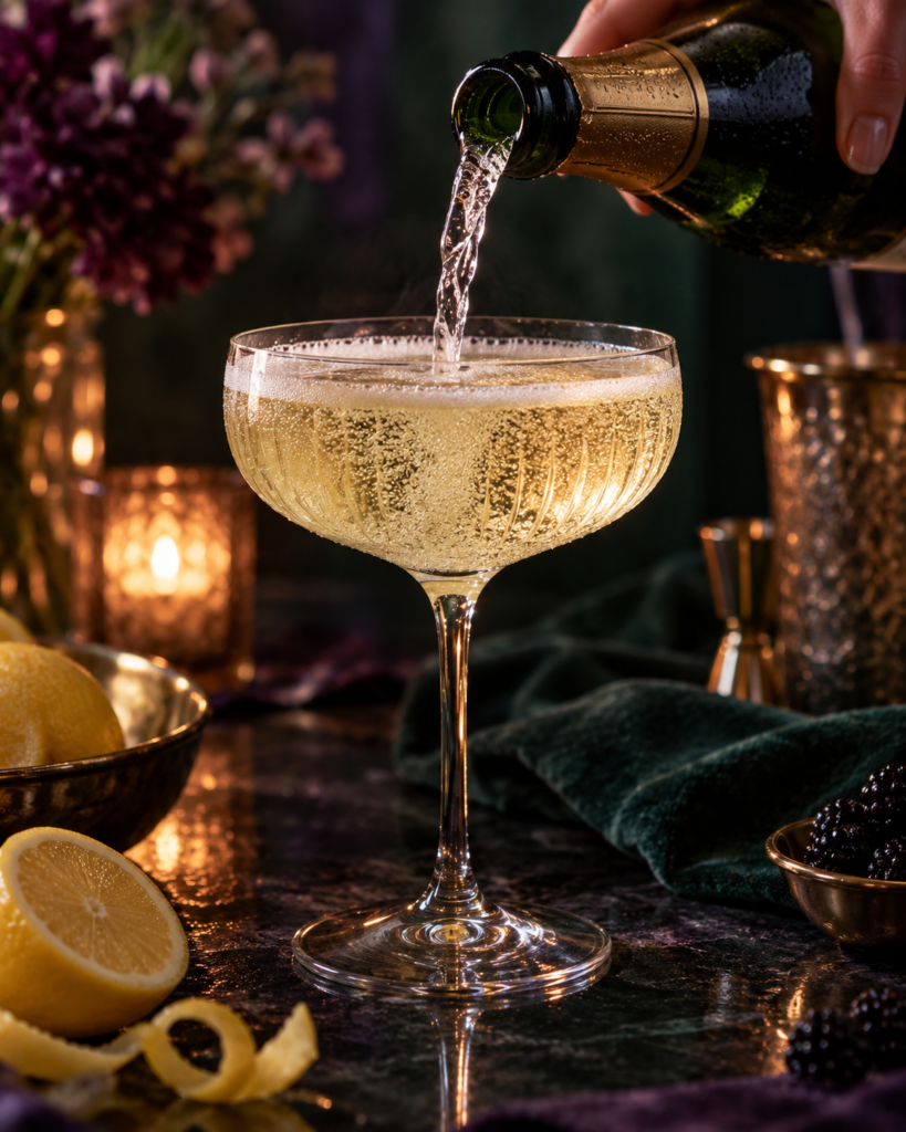 Sparkling wine being poured from the bottle into a coupe of French 75, bubbles rising through the glass