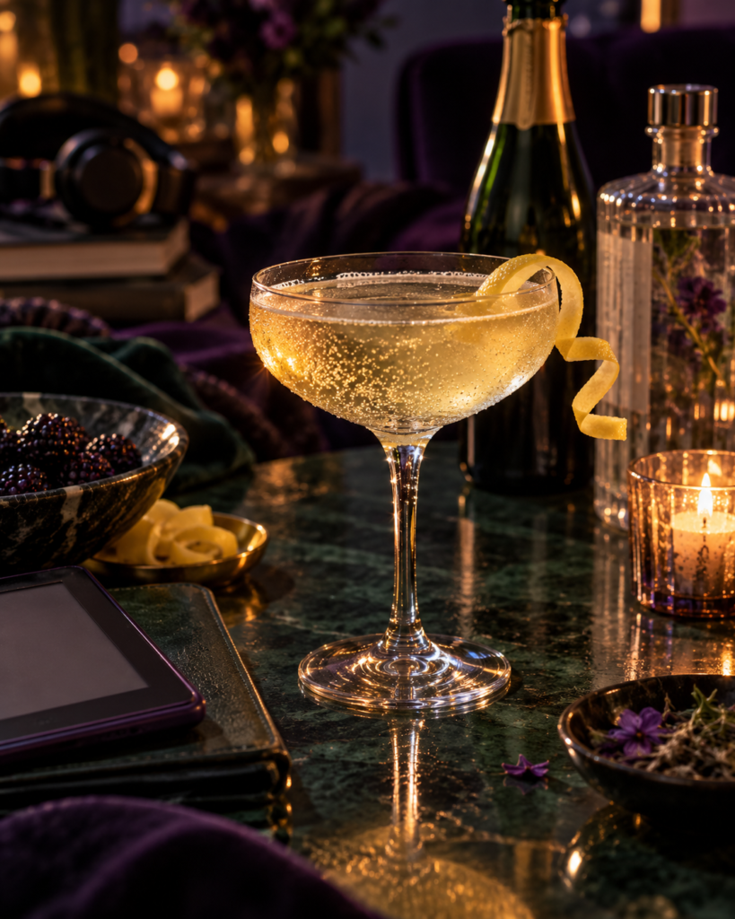 An alcohol-free French 75 in a coupe with a lemon twist, beside bottles of non-alcoholic sparkling and gin alternative, headphones and an e-reader
