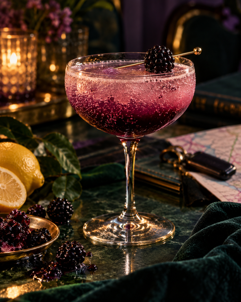 A Blackberry French 75 in a coupe, deep purple at the base fading to pink, garnished with a blackberry on a cocktail pick