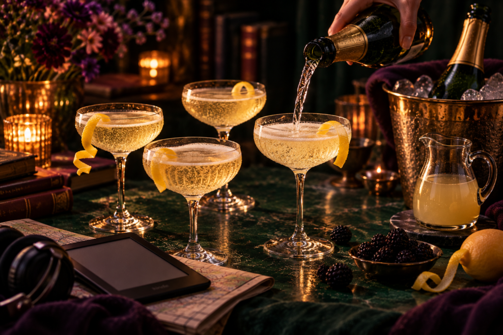 Four French 75 coupes on a table with sparkling wine being poured from a bottle, an ice bucket, a jug of premixed gin and lemon, books and an e-reader