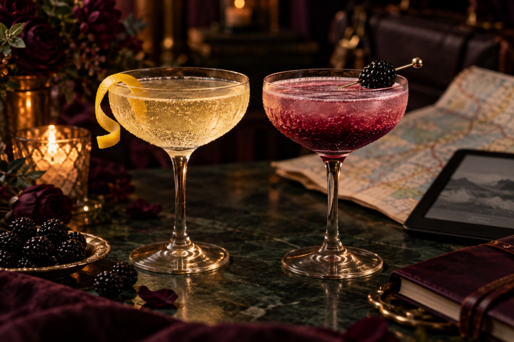Two coupes side by side, a pale gold classic French 75 with a lemon twist and a deep red Blackberry French 75 with a blackberry garnish