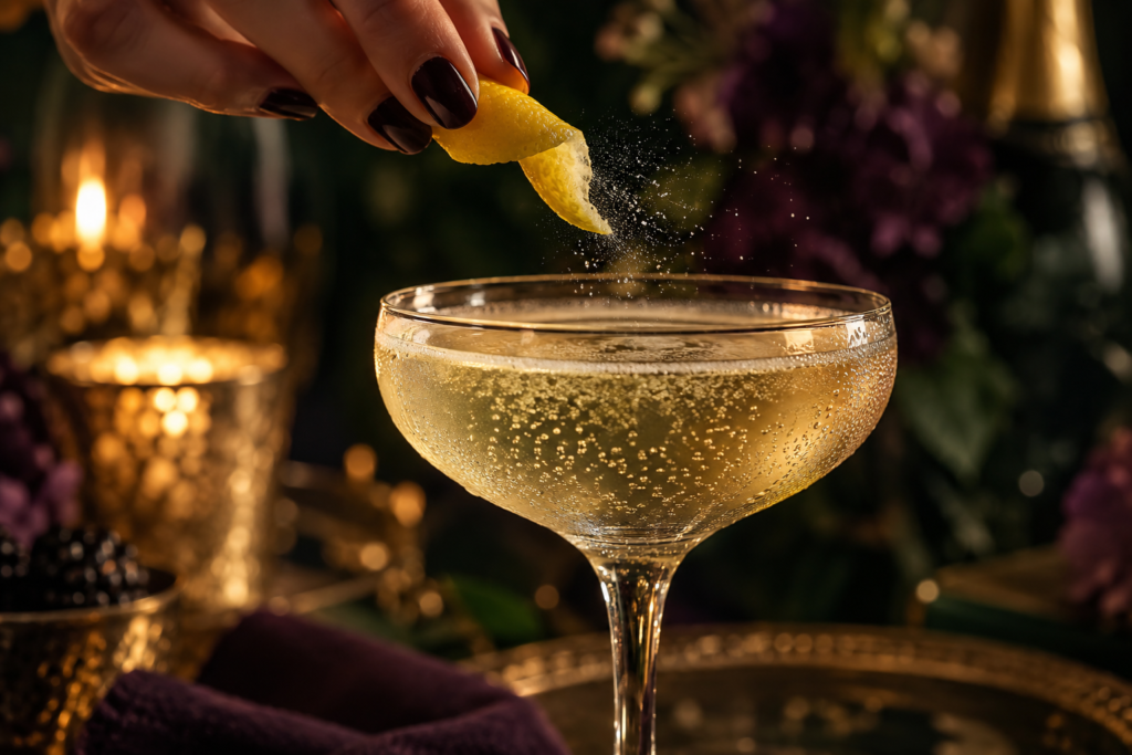 A hand squeezing a strip of lemon peel over a coupe of French 75, spraying citrus oils across the surface