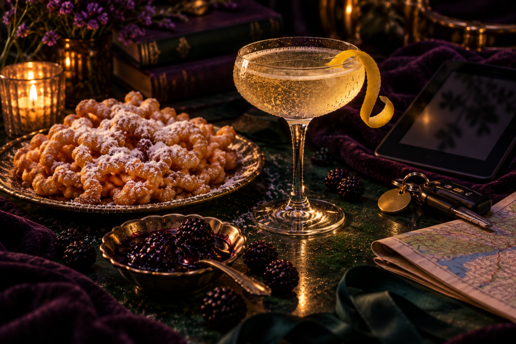 A French 75 beside a plate of funnel cake dusted with icing sugar, a dish of blackberries, a road map and a set of car keys
