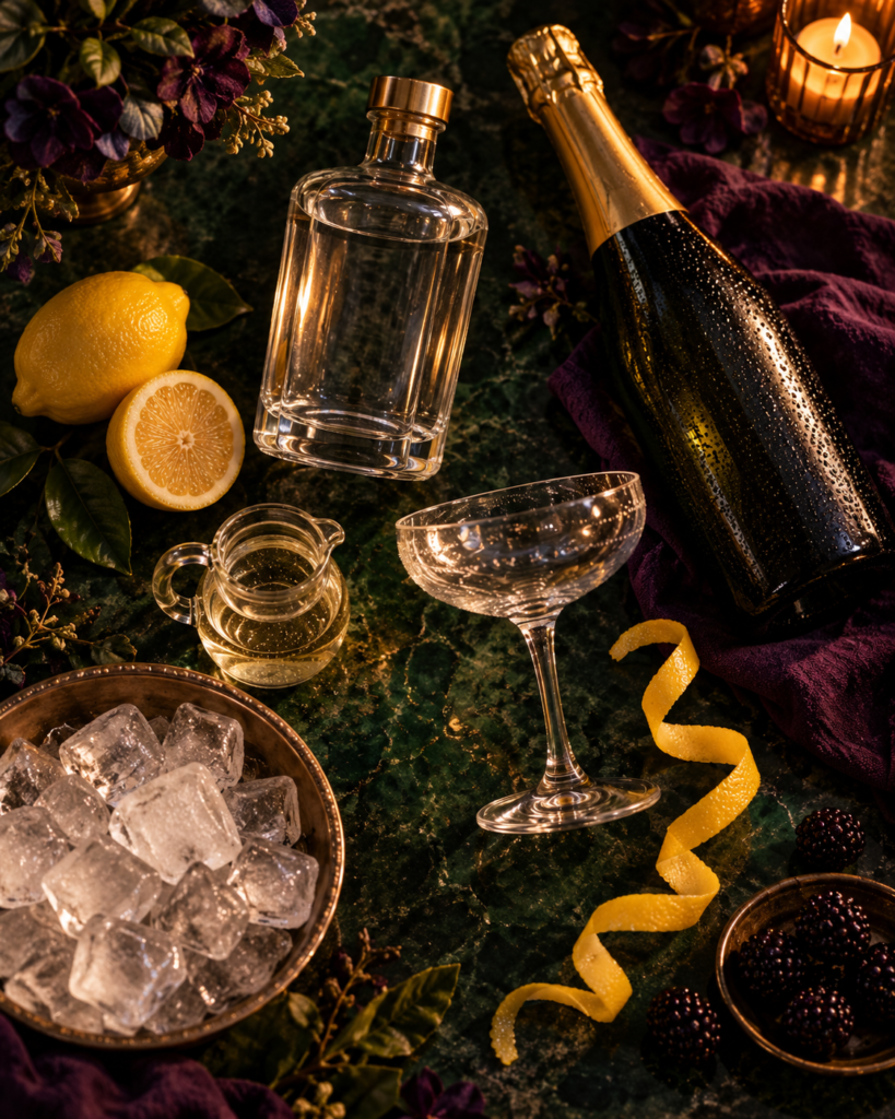 French 75 ingredients from above: a decanter of gin, a bottle of sparkling wine, lemons, a jug of simple syrup, a bowl of ice, a coupe and a curl of lemon peel