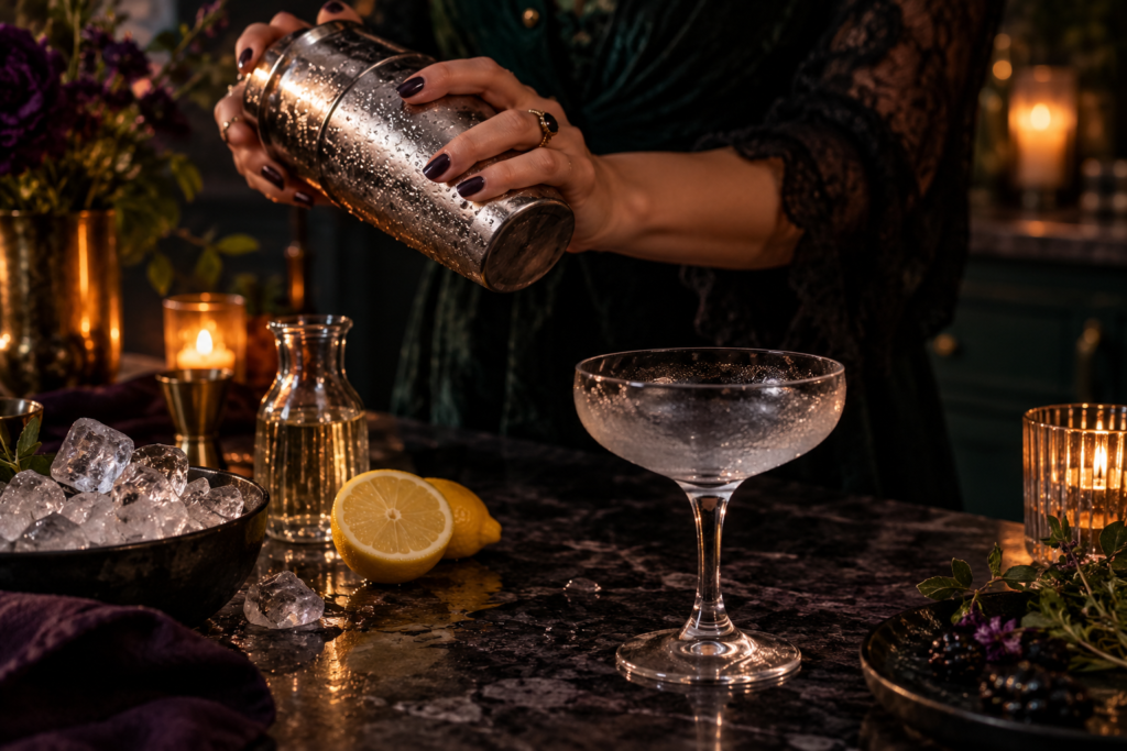 Hands shaking a metal cocktail shaker beside a coupe glass, with lemon halves, a jug of syrup and a bowl of ice on a dark marble bench
