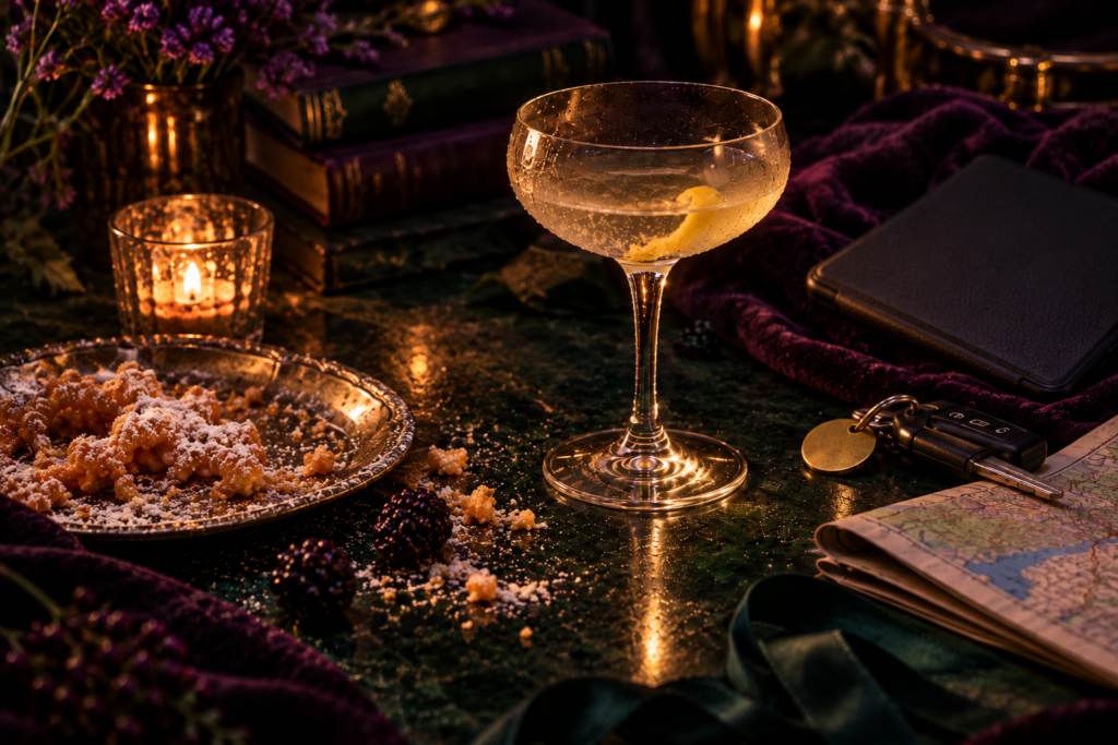 A finished French 75 beside an almost empty plate scattered with funnel cake crumbs and icing sugar, books, a road map and car keys