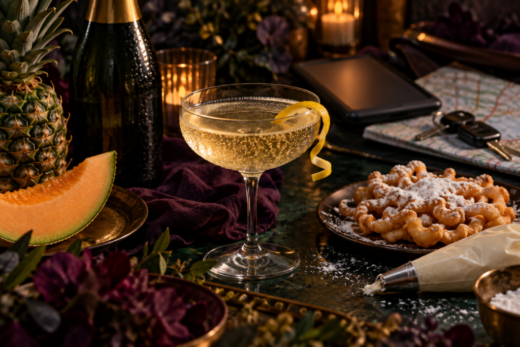 A French 75 on a dark table surrounded by a pineapple, a cut rockmelon, a champagne bottle, a plate of funnel cake, a piping bag and a road map