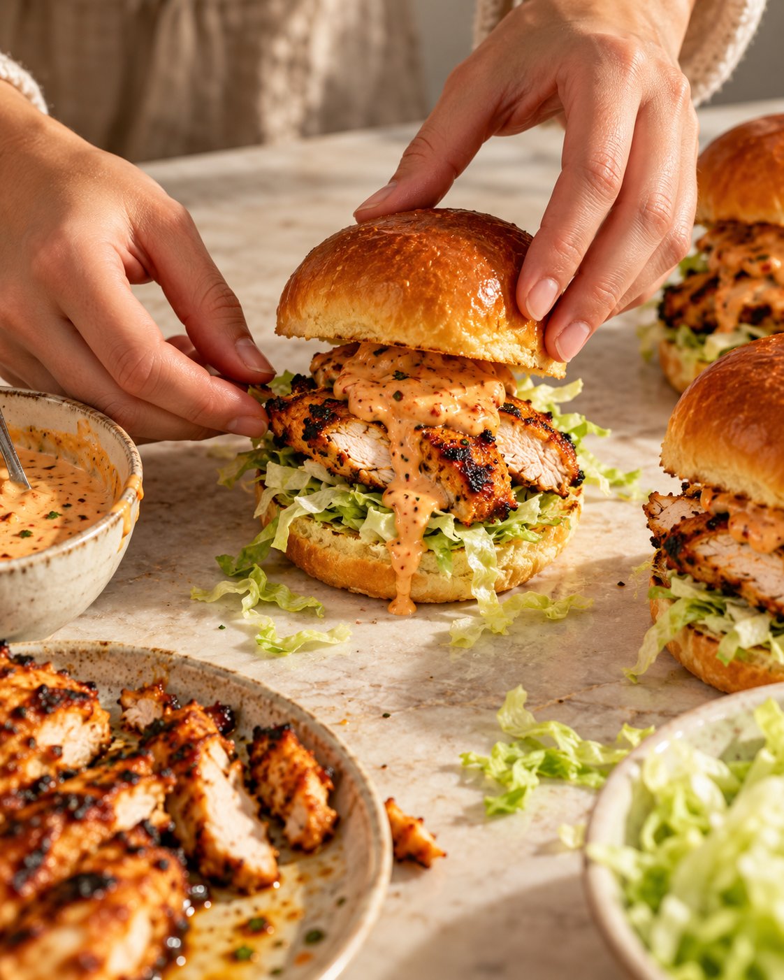 Hands assembling peri-peri chicken sliders with lettuce and peri-peri lime mayo