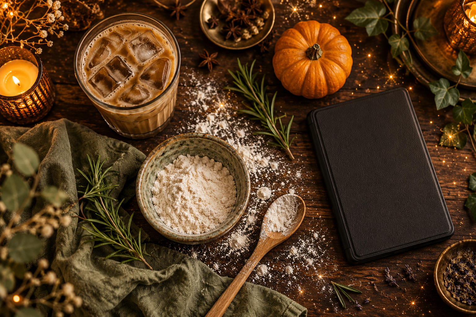 Iced coffee, flour, herbs and an e-reader in a witchy autumn table setting.