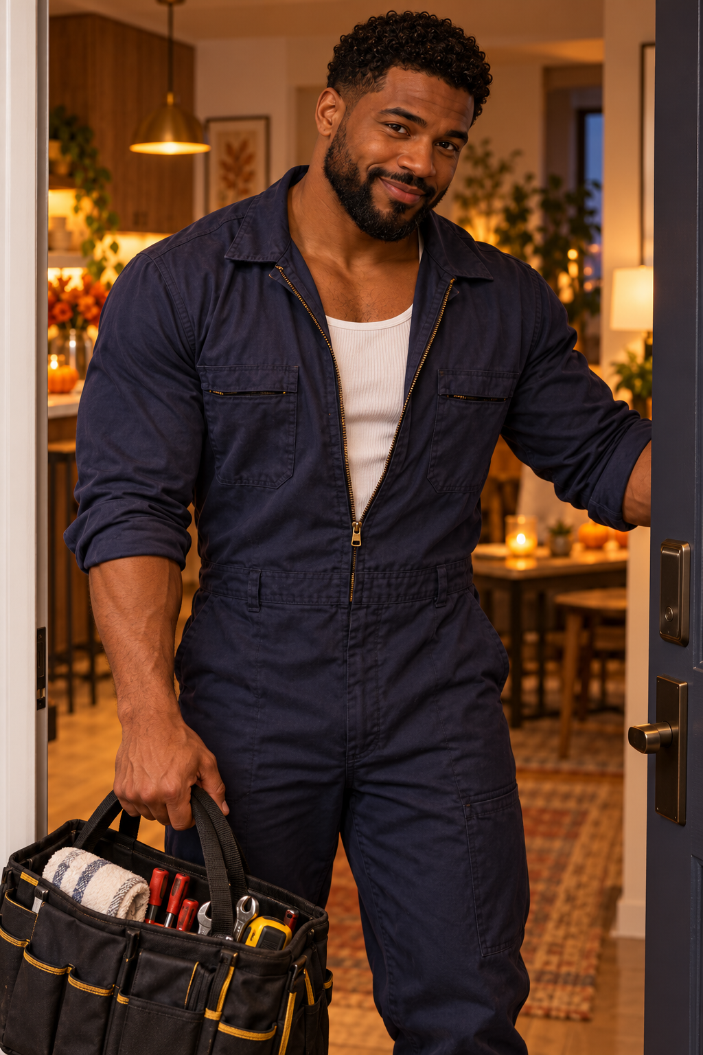 Jamal smiles in a condo doorway wearing maintenance coveralls over a white tank.