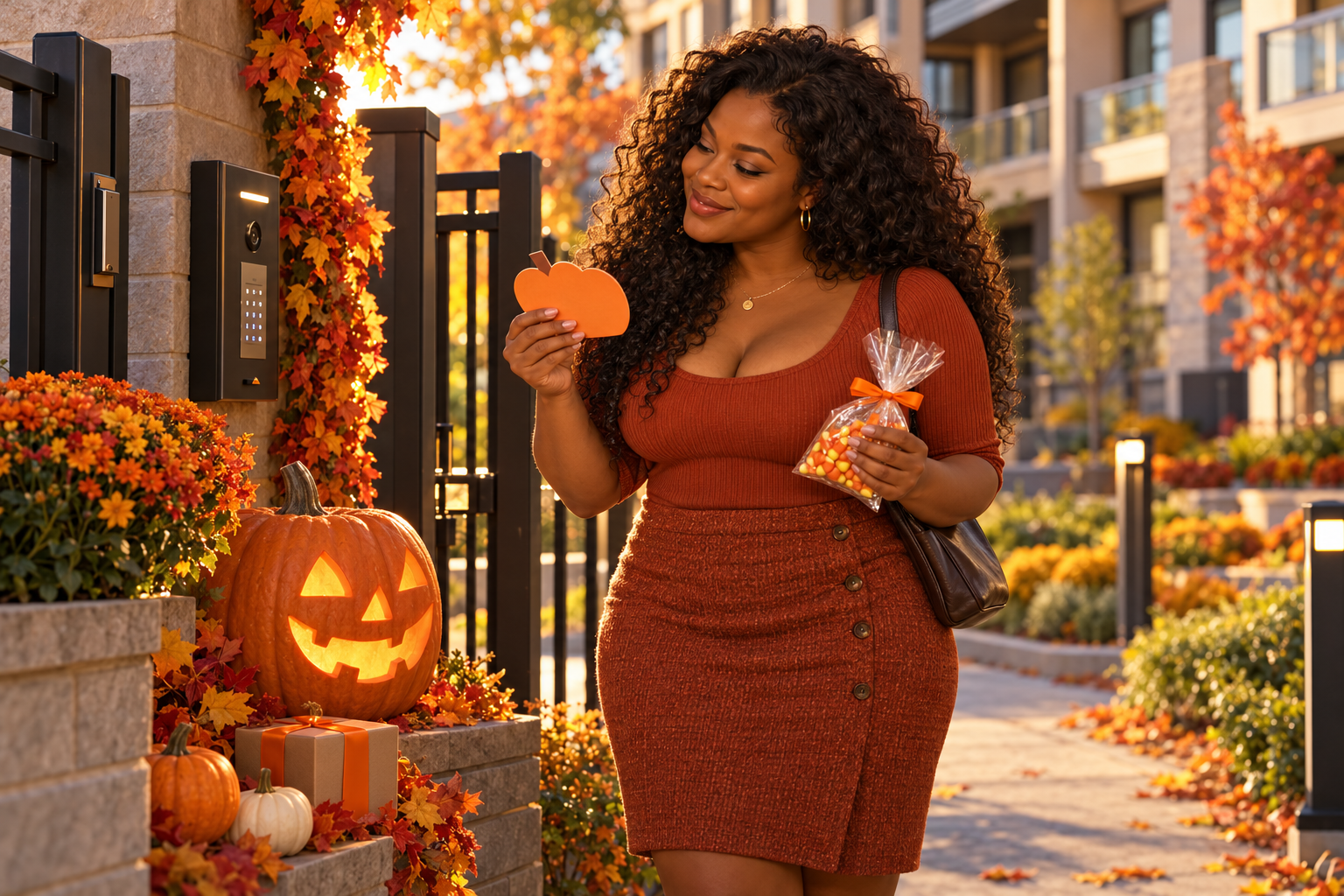 Samira smiles at a pumpkin-shaped card and bag of candy corn beside the complex gate.