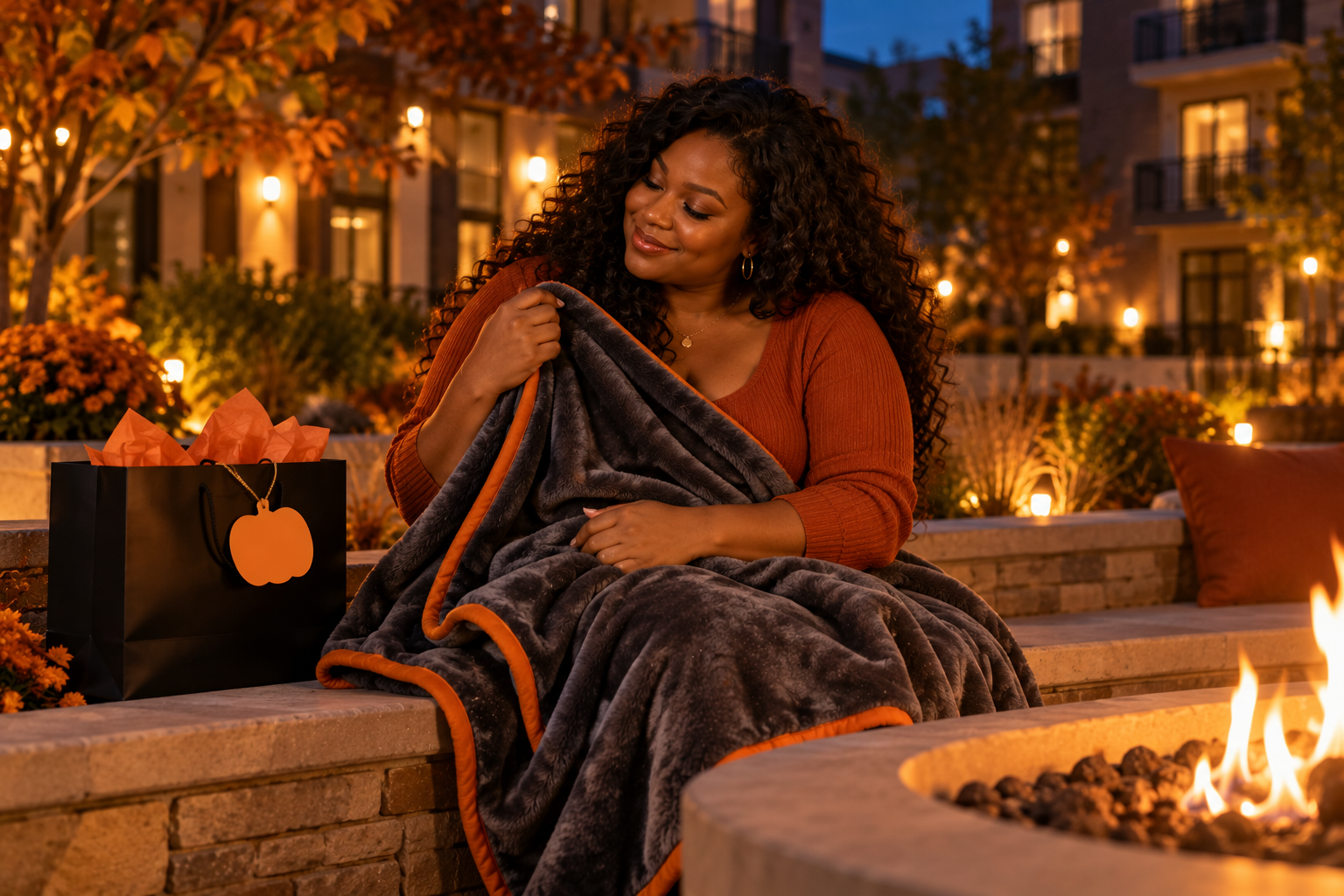 Samira discovers a charcoal blanket with orange trim beside the courtyard fire pit.