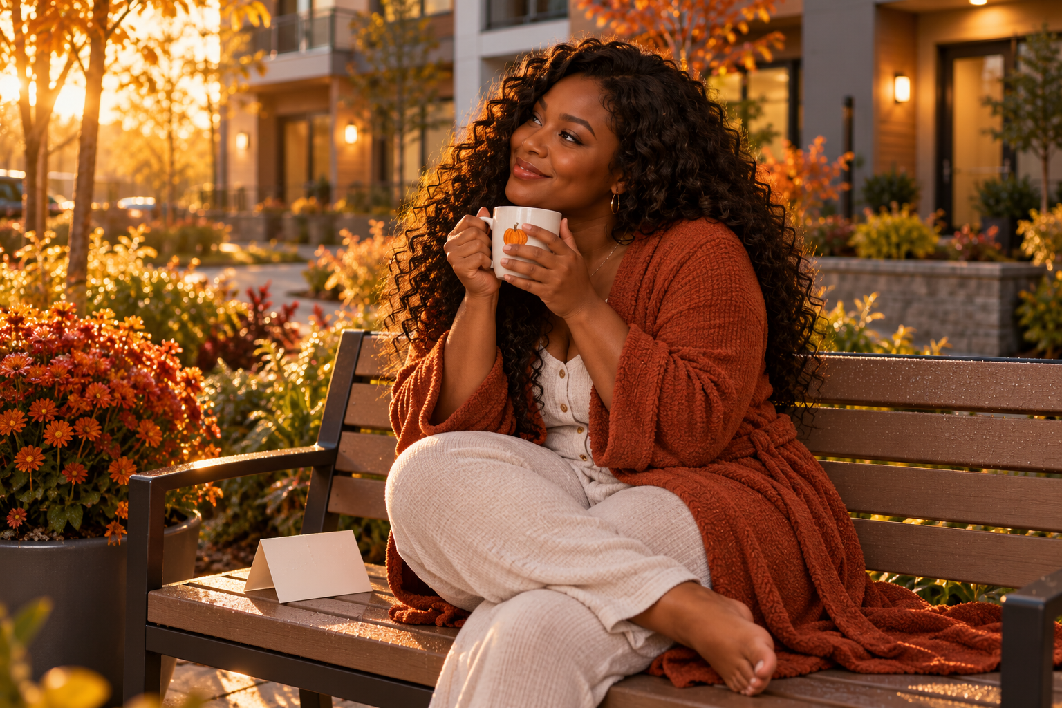 Samira cradles a white pumpkin mug on her courtyard bench at sunrise.
